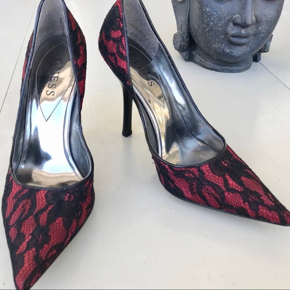 GUESS Black LACE HEELS RED pumps formal PROM 9.5 - Picture 3 of 6